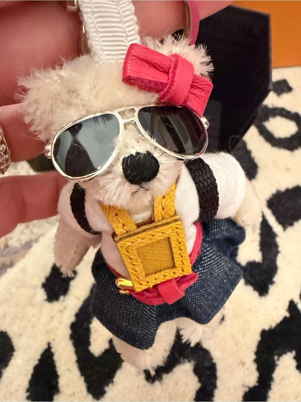 Prada Triangle Plate Bear Backpack with sunglasses Acrylic Ivory White Keychain